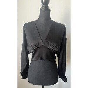 Glam Womens Deep V-Neck Long Sleeve Black Cropped  Y2K Tie Back Top Size Small